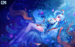 Rule 34 | 1girl, afloat, barefoot, blue hair, choker, d-zhai, fingernails, fish, floating, flower, hair ornament, long fingernails, long hair, medal, nail polish, original, peacock feathers, petals, red eyes, shawl, solo, submerged, twintails, water, wet