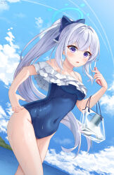 Rule 34 | 1girl, absurdres, bare arms, bare legs, bare shoulders, blue archive, blue halo, blue one-piece swimsuit, blush, breasts, cellphone, covered navel, cowboy shot, frilled one-piece swimsuit, frills, grey hair, halo, highres, holding, holding phone, long hair, lu b, medium breasts, miyako (blue archive), miyako (swimsuit) (blue archive), off-shoulder one-piece swimsuit, off shoulder, official alternate costume, one-piece swimsuit, open mouth, phone, ponytail, purple eyes, smartphone, solo, swimsuit, wet, wet clothes, wet swimsuit