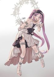 Rule 34 | 1girl, armlet, bare shoulders, blush, chain, collarbone, dated, dress, euryale (fate), euryale (third ascension) (fate), fate/grand order, fate (series), fingernails, frills, gradient background, highres, jewelry, long hair, maid headdress, nao (syn eaa), open mouth, purple eyes, purple hair, ring, signature, solo, teeth, twintails, upper teeth only, very long hair, white dress