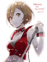 Rule 34 | 1girl, anniversary, backlighting, bare shoulders, black bra, bra, brown eyes, brown hair, character name, collar, commentary, crop top, dated, graphic equalizer, holding, holding microphone, jacket, kirita asami, light particles, lips, looking at viewer, meiko (vocaloid), meiko (vocaloid3), microphone, microphone stand, red jacket, see-through, smile, solo, underwear, upper body, vocaloid, white background, wristband