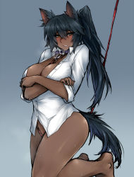 Rule 34 | 1girl, animal collar, animal ears, bdsm, between breasts, black hair, bondage, bottomless, bound, breast hold, breasts, clenched teeth, collar, crossed arms, crotch rope, dark skin, dark-skinned female, dog ears, dog tail, dress shirt, female focus, glint, kneeling, large breasts, leash, long hair, naked shirt, original, ponytail, shirt, skj, solo, tail, teeth, thighs, unbuttoned
