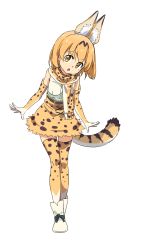 Rule 34 | 10s, 1girl, :o, animal ears, bare shoulders, boots, elbow gloves, eyes visible through hair, full body, gloves, high-waist skirt, highres, kemono friends, leaning forward, looking at viewer, orange hair, orange scarf, orange skirt, orange thighhighs, parted lips, scarf, serval (kemono friends), serval print, serval tail, shirt, short hair, simple background, skirt, sleeveless, sleeveless shirt, solo, standing, tail, thighhighs, tomato (lsj44867), white background, white footwear, white shirt, yellow eyes