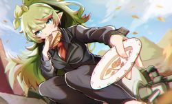 Rule 34 | 1girl, day, eat some cookie, eating, food, formal, gatling gun, green hair, holding, holding food, lapels, long hair, minigun, necktie, notched lapels, original, pointy ears, sandwich, suit, team fortress 2