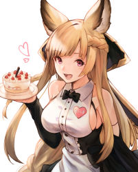 Rule 34 | 1girl, :d, alternate costume, animal ears, apron, bad id, bad pixiv id, bare shoulders, black bow, black bowtie, black dress, blonde hair, blush, bow, bowtie, braid, breasts, buttons, cake, commentary request, detached sleeves, dress, enmaided, erune, food, french braid, fruit, granblue fantasy, hand up, heart, highres, holding, holding tray, koretsuki azuma, large breasts, long hair, long sleeves, looking at viewer, maid, maid apron, open mouth, pink eyes, sidelocks, simple background, smile, solo, strawberry, tray, upper body, very long hair, white apron, white background, wing collar, yuisis (granblue fantasy)