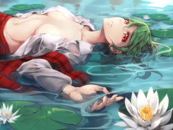 Rule 34 | 1girl, asutora, breasts, breasts apart, covered erect nipples, floating hair, flower, green hair, kazami yuuka, lily pad, long sleeves, looking at viewer, lotus, midriff, navel, no bra, open clothes, open shirt, open vest, ophelia (painting), parted lips, partially submerged, red eyes, shirt, skirt, skirt set, solo, touhou, vest, water