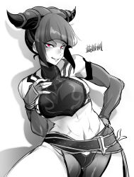 Rule 34 | 1girl, belt, bracelet, breasts, detached sleeves, drill hair, female focus, halterneck, halterneck, han juri, jewelry, large breasts, looking at viewer, marimo (yousei ranbu), monochrome, navel, purple eyes, smile, solo, spiked bracelet, spikes, spot color, street fighter, street fighter iv (series), twin drills, white background