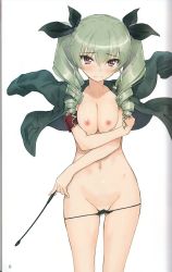 Rule 34 | 10s, 1girl, absurdres, anchovy (girls und panzer), armband, bikini, black panties, blush, breasts, drill hair, girls und panzer, green hair, groin, hair ornament, hair ribbon, highres, long hair, looking at viewer, navel, nipples, non-web source, panties, panty pull, red eyes, ribbon, scan, solo, swimsuit, tony taka, topless, twintails, underwear, white background