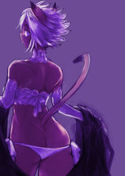 Rule 34 | 00s, 1girl, animal ears, ass, cat ears, cat girl, cat tail, cowboy shot, doraeshi, elbow gloves, final fantasy, final fantasy xi, gloves, highres, looking at viewer, looking back, mithra (ff11), panties, purple background, side-tie panties, solo, tail, underwear, undressing, white hair