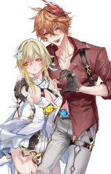 Rule 34 | 1boy, 1girl, absurdres, anger vein, annoyed, black gloves, blonde hair, blue eyes, blush, breasts, commentary, detached sleeves, dress, earrings, eyelashes, fangs, flower, genshin impact, gloves, hair between eyes, hair flower, hair ornament, hand on another&#039;s shoulder, heart hands failure, height difference, highres, jewelry, lumine (genshin impact), mask, mask on head, medium breasts, open mouth, orange eyes, orange hair, pants, parted lips, pottsness, red shirt, shirt, short hair with long locks, simple background, single earring, sparkle, sweat, symbol-only commentary, tartaglia (genshin impact), twitter username, vision (genshin impact), white background, white dress, white flower