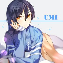 Rule 34 | 10s, 1girl, artist name, bad id, bad pixiv id, bed sheet, blue hair, blue shirt, character name, chi zu crazy, hair between eyes, long hair, looking at viewer, love live!, love live! school idol festival, love live! school idol project, lying, on stomach, shirt, smile, solo, sonoda umi, under covers, yellow eyes