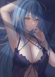 Rule 34 | 1girl, arm up, babydoll, bad id, bad pixiv id, blue hair, blush, breasts, cleavage, criss-cross halter, elf, halterneck, haro art, hololive, large breasts, lingerie, long hair, looking at viewer, lying, multicolored hair, on back, on bed, parted lips, pointy ears, smile, solo, streaked hair, underwear, underwear only, upper body, very long hair, virtual youtuber, window shadow, yellow eyes, yukihana lamy
