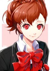 Rule 34 | 1girl, bow, bowtie, brown hair, closed mouth, commentary request, copyright name, eyelashes, glaze artifacts, highres, kyuryuu anuma, looking at viewer, persona, persona 3, persona 3 portable, red background, red bow, red bowtie, red eyes, shiomi kotone, short hair, simple background, smile, solo, two-tone background, upper body, white background