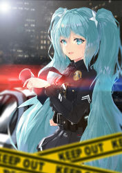 Rule 34 | 1girl, absurdres, aqua eyes, aqua hair, belt, blurry, caution tape, depth of field, hatsune miku, highres, icefurs, keep out, long hair, looking at viewer, necktie, night, open mouth, police, skirt, solo, sunglasses, sunglasses removed, twintails, utility belt, very long hair, vocaloid