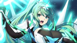 Rule 34 | 1girl, blue background, breasts, gloves, glowing, green eyes, green hair, hair ornament, holding, holding sword, holding weapon, large breasts, nintendo, open mouth, pneuma (xenoblade), ponytail, spoilers, swept bangs, sword, upper body, weapon, xenoblade chronicles (series), xenoblade chronicles 2, yappen