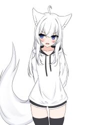Rule 34 | 1girl, absurdres, ahoge, animal ear fluff, animal ears, arms behind back, black shorts, black thighhighs, blue eyes, blush, commentary request, drawstring, fang, fox ears, fox girl, fox tail, hair between eyes, highres, hood, hood down, hoodie, kuronagi (mitora uwu), long hair, open mouth, original, short shorts, shorts, simple background, skindentation, solo, standing, tail, thighhighs, v-shaped eyebrows, very long hair, white background, white hair, white hoodie