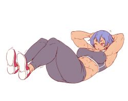 Rule 34 | 1girl, abs, armpit crease, armpit peek, arms behind back, blue hair, breasts, exercising, full body, hanzo (2929), large breasts, legs up, muscular, muscular female, one eye closed, open mouth, original, pants, red eyes, shoes, short hair, simple background, sit-up, solo, sportswear, sweatpants, white background