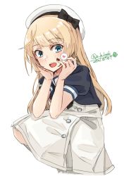 Rule 34 | 1girl, alakoala, animal, blonde hair, blue eyes, blush, bug, dated, dress, hat, heart, highres, insect, jervis (kancolle), kantai collection, ladybug, long hair, open mouth, puffy short sleeves, puffy sleeves, sailor dress, sailor hat, short sleeves, simple background, solo, spoken heart, teeth, twitter username, upper teeth only, white background, white dress, white hat