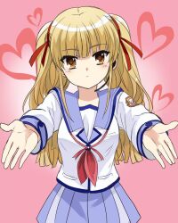 Rule 34 | 1girl, angel beats!, asami yuriko, blonde hair, blue sailor collar, blue skirt, blunt bangs, blunt ends, blush, brown eyes, closed mouth, commentary request, earpiece, expressionless, eyes visible through hair, hair ribbon, heart, incoming hug, long hair, long sleeves, looking at viewer, miniskirt, neckerchief, nose blush, open hands, outstretched arms, pink background, pleated skirt, red neckerchief, red ribbon, ribbon, sailor collar, shinda sekai sensen uniform, shirt, simple background, skirt, solo, straight-on, twintails, white shirt, yusa (angel beats!)