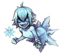 Rule 34 | 1girl, ahoge, blue hair, blue skin, colored skin, commentary, english commentary, flat chest, flocko, ice, looking at viewer, monster girl, nipples, nude, nyong nyong, personification, reference inset, sharp teeth, short hair, simple background, snowflakes, solo, teeth, terraria, white background