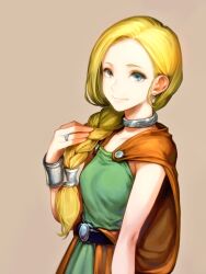 Rule 34 | 1girl, belt, bianca (dq5), black belt, blonde hair, blue eyes, bracelet, braid, breasts, cape, closed mouth, commentary request, dragon quest, dragon quest v, dress, earrings, green dress, hair behind ear, hair over shoulder, hand up, highres, jewelry, jun (navigavi), light smile, long hair, looking at viewer, neck ring, orange cape, ring, simple background, single braid, sleeveless, sleeveless dress, small breasts, solo, swept bangs, upper body