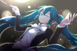 Rule 34 | 1girl, ;), aqua hair, black jacket, bow, bowtie, closed mouth, conductor, dec madoka, floating hair, green eyes, grey background, hair ribbon, hatsune miku, highres, jacket, long hair, long sleeves, miku symphony (vocaloid), one eye closed, open clothes, open jacket, red ribbon, ribbon, shirt, smile, solo, twintails, upper body, very long hair, vocaloid, white bow, white bowtie, white shirt