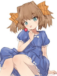 Rule 34 | 1girl, alchera, blue dress, blue eyes, brown hair, candy, dress, feet out of frame, food, hachijou (kancolle), hair ribbon, holding, holding candy, holding food, holding lollipop, invisible chair, kantai collection, lollipop, official alternate costume, one-hour drawing challenge, ribbon, short hair, simple background, sitting, solo, tongue, tongue out, white background