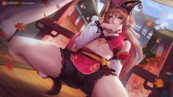 Rule 34 | 1girl, antlers, bare shoulders, breasts, chinese clothes, detached sleeves, genshin impact, green eyes, hat, horns, long hair, looking at viewer, pink hair, short shorts, shorts, solo, squatting, turewindwalker, yanfei (genshin impact)