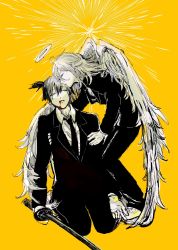 Rule 34 | 2boys, ae2w3, angel, angel devil (chainsaw man), angel wings, black jacket, black neckwear, black pants, blood, blood from mouth, blood on clothes, business suit, chainsaw man, closed eyes, collared shirt, feathered wings, feathers, formal, full body, halo, hayakawa aki, highres, holding, holding sword, holding weapon, jacket, kiss, kissing forehead, long hair, multiple boys, necktie, neckwear request, pants, shirt, short hair, simple background, suit, sword, weapon, white shirt, wings, yaoi, yellow background