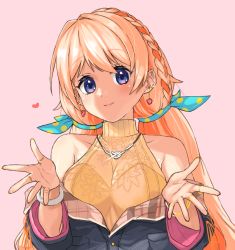 Rule 34 | .live, 1girl, bangle, bare shoulders, blonde hair, blue eyes, blue jacket, blue ribbon, bracelet, braid, breasts, earrings, french braid, hair ribbon, jacket, jewelry, large breasts, long hair, looking at viewer, low twintails, nanahoshi milily, off shoulder, open clothes, open jacket, orange hair, orange shirt, pink background, ribbon, ring, see-through, shirt, smile, solo, takane (lovehatsune), twintails, upper body, very long hair, virtual youtuber