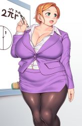 Rule 34 | 1girl, arm at side, blush, board eraser, breasts, brown pantyhose, commentary request, fat, gradient background, green eyes, grey background, highres, holding, holding marker, large breasts, looking to the side, marker, math, original, orizen, pantyhose, solo, tareme, thighs, whiteboard