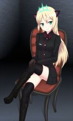 Rule 34 | 1girl, animal ears, black thighhighs, blonde hair, boots, chair, crossed legs, gloves, green eyes, heinrike prinzessin zu sayn-wittgenstein, hirschgeweih antennas, long hair, military, military uniform, mohya, noble witches, panties, pantyshot, sitting, smile, solo, strike witches, thighhighs, underwear, uniform, world witches series
