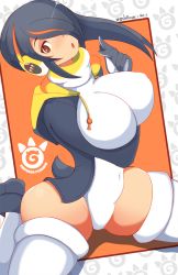 Rule 34 | 1girl, artist name, black footwear, black hair, breast hold, breasts, character name, covered erect nipples, covered navel, dated, emperor penguin (kemono friends), hair over one eye, headphones, highleg, highleg leotard, highres, hood, hoodie, jellcaps, kemono friends, large breasts, leotard, looking at viewer, medium hair, multicolored hair, open mouth, orange hair, patterned background, red eyes, shoes, signature, solo, tail, tail wagging, thighhighs, thighs, turtleneck, twitter username, two-tone hair, white thighhighs