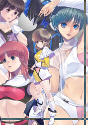 1boy 4girls absurdres armor blue_eyes blue_hair boots breasts brown_hair collage commentary_request crop_top detached_sleeves dress freckles helmet highres katt_sun lips medium_breasts midriff morimoto_momoko multiple_girls navel ogawa_miku parted_lips pink_hair purple_eyes see-through_clothes short_hair short_shorts shorts sports_bra standing unose_aoi white_shorts wingman wingman_(wingman) yume_aoi