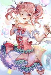 Rule 34 | 1girl, arms up, artist name, balloon, bang dream!, bare shoulders, blurry, blurry background, blurry foreground, blush, bow, breasts, bubble, choker, collarbone, commentary request, confetti, depth of field, detached sleeves, dot nose, dress, frilled dress, frilled skirt, frilled sleeves, frills, hair ribbon, holding, holding microphone, layered dress, leg up, lens flare, light particles, looking at viewer, maruyama aya, medium breasts, microphone, microphone stand, one eye closed, open mouth, pink bow, pink choker, pink dress, pink eyes, pink hair, pink neckwear, pink ribbon, pleated skirt, posom, ribbon, short hair, short sleeves, short twintails, skirt, smile, solo, strapless, strapless dress, swept bangs, teeth, twintails, upper teeth only, v, white ribbon, wrist ribbon