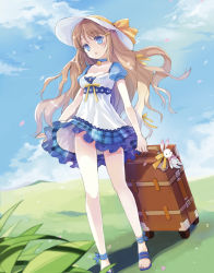 Rule 34 | 1girl, bad id, bare legs, bell, blonde hair, blue eyes, blue sky, choker, colored eyelashes, day, dress, grass, hat, jin young-in, jingle bell, leaf, long hair, luggage, meadow, no socks, original, sandals, shadow, sky, solo, stuffed animal, stuffed rabbit, stuffed toy
