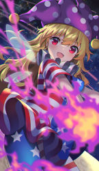 Rule 34 | 1girl, absurdres, american flag dress, american flag legwear, blonde hair, clownpiece, commentary request, commission, fairy wings, fire, hair between eyes, hat, highres, jester cap, long hair, looking at viewer, neck ruff, night, night sky, open mouth, pantyhose, pixiv commission, polka dot, purple hat, red eyes, short sleeves, sky, smile, solo, star (sky), star (symbol), star print, starry sky, striped, touhou, transparent wings, wings, yuujin (yuzinn333)