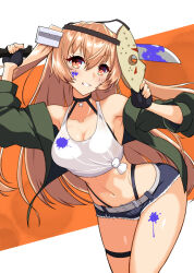 Rule 34 | 1girl, absurdres, bodypaint, breasts, brown eyes, cleavage, cowboy shot, halloween, highres, jacket, johnston (kancolle), kantai collection, large breasts, light brown hair, long hair, mask, shiba (zudha), shirt, sleeveless, sleeveless shirt, solo, stomach, tied shirt, two side up, white background