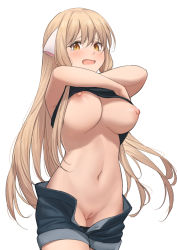 Rule 34 | 1girl, android, blush, breasts, breasts out, chii, chobits, cleft of venus, highres, large breasts, light brown hair, long hair, looking at viewer, nipples, no panties, open mouth, pussy, robot ears, s.w, shorts, simple background, solo, tearing up, uncensored, undressing, very long hair, white background, yellow eyes