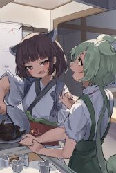 Rule 34 | 2girls, ahoge, architecture, blush, bowl, brown hair, chocolate making, chocolate mold, east asian architecture, finger counting, frown, glaring, green hair, hand up, headgear, highres, holding, holding bowl, indoors, japanese clothes, kimono, kitchen, long hair, looking at another, looking up, low ponytail, medium hair, mixing bowl, multiple girls, obi, obiage, obijime, open mouth, pocche-ex, puffy short sleeves, puffy sleeves, red eyes, sash, shirt, short sleeves, sleeves rolled up, smile, suspenders, sweatdrop, tasuki, touhoku kiritan, v-shaped eyebrows, voiceroid, voicevox, white kimono, white shirt, zundamon