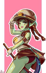 Rule 34 | 1girl, absurdres, armlet, ass, bag, between legs, black panties, blush stickers, braid, breasts, brown hair, colored skin, commentary request, female goblin, gloves, goblin, green eyes, green skin, hard hat, hat lantern, helmet, highres, ic-angle, kardia tou abel, leather skirt, long braid, long hair, long pointy ears, medium breasts, miniskirt, notice lines, open mouth, panties, pantyshot, pickaxe, pinky out, pointy ears, satchel, skirt, sleeveless, solo, teeth, twin braids, underwear, upper teeth only, upskirt, white gloves