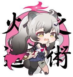 Rule 34 | 1girl, :3, :d, ahoge, animal ear fluff, animal ears, text background, bandaged leg, bandages, black footwear, black hair, black legwear, blue archive, blue skirt, bridal gauntlets, brown eyes, chibi, commentary request, extra ears, fang, full body, gradient hair, grey hair, halo, hand up, kuji-in, looking at viewer, mask, mask on head, michiru (blue archive), multicolored hair, nyaru (nyaru 4126), open mouth, pink background, pleated skirt, ponytail, shirt, shoes, short eyebrows, single leg pantyhose, skirt, sleeveless, sleeveless shirt, smile, solo, standing, tail, thick eyebrows, translation request, two-tone background, white background, white shirt