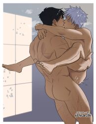 Rule 34 | 2boys, absurdres, anal, arms around neck, ass, black hair, closed eyes, completely nude, couple, cum, feet, french kiss, fushiguro touji, gojou satoru, grabbing, hairy, hairy legs, highres, jujutsu kaisen, kenkaru86, kiss, lifting person, male focus, male penetrated, mature male, multiple boys, muscular, muscular male, nude, saliva, scar, scar on face, scar on mouth, sex, short hair, standing, suspended congress, toned, toned male, white hair, yaoi