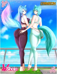 Rule 34 | 2girls, ass, ass focus, ass grab, bare shoulders, barefoot, blue eyes, blue hair, blush, breast press, breasts, come hither, crimzon, deep skin, from behind, green hair, highres, huge ass, large breasts, long hair, looking at viewer, looking back, multicolored hair, multiple girls, naughty face, pants, ponytail, purple hair, shiny clothes, shiny skin, short hair, sideboob, silvervale, skin tight, smile, sports bra, tail, tongue, tongue out, virtual youtuber, vshojo