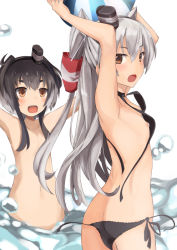 Rule 34 | 10s, 2girls, amatsukaze (kancolle), armpits, arms up, ass, bad id, bad pixiv id, ball, beachball, bikini, black bikini, black hair, breasts, choker, from behind, gradient hair, hair censor, kantai collection, long hair, looking at viewer, midriff, multicolored hair, multiple girls, nipples, nude, open mouth, shino (ten-m), short hair, side-tie bikini bottom, small breasts, swimsuit, thighs, tokitsukaze (kancolle), two side up, untied, wardrobe malfunction, white hair, yellow eyes