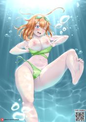 Rule 34 | 1girl, absurdres, blue eyes, breasts, breasts out, cameltoe, feet, flashing, go-toubun no hanayome, goggles, goggles on head, highres, large breasts, looking at viewer, murikajin, nakano yotsuba, navel, nipples, one eye closed, open mouth, orange hair, smile, solo, swimsuit, underwater, undressing, wink