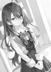 Rule 34 | 1girl, absurdres, ahoge, blazer, breasts, buttons, chalkboard, classroom, closed mouth, collarbone, collared jacket, collared shirt, commentary request, cowboy shot, dress, ears visible through hair, expressionless, eyes visible through hair, greyscale, hair between eyes, hair over shoulder, highres, indoors, jacket, kimishima ayano, long hair, long sleeves, looking ahead, loose neck ribbon, medium breasts, messy hair, momoko (momopoco), monochrome, neck ribbon, novel illustration, official art, open clothes, open jacket, own hands together, pleated dress, pleated shirt, pleated sleeves, ribbon, school uniform, shirt, sidelocks, solo, standing, swept bangs, tokidoki bosotto roshia-go de dereru tonari no arya-san, very long hair, wall