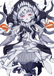 Rule 34 | 1girl, abyssal ship, black footwear, boushi-ya, dress, eyeliner, high heels, kantai collection, long hair, looking at viewer, makeup, new mass-produced aircraft carrier princess, pale skin, red eyes, see-through, simple background, solo, white background, white hair
