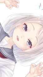 Rule 34 | 1girl, blue eyes, blue sailor collar, character request, earrings, gotou hisashi, grey hair, highres, jewelry, long hair, open mouth, sailor collar, school uniform, serafuku, white background