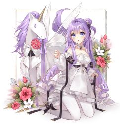 Rule 34 | 1girl, azur lane, bouquet, detached collar, detached sleeves, dress, flower, full body, hair bun, high heels, highres, hollyyn, kneeling, layered dress, long hair, long sleeves, looking at viewer, official alternate costume, pantyhose, puffy sleeves, purple eyes, purple hair, red flower, simple background, single side bun, solo, strapless, strapless dress, unicorn, unicorn (a dream of pure vows) (azur lane), unicorn (azur lane), very long hair, wedding dress, white background, white dress, white flower, white footwear, white pantyhose, winged unicorn