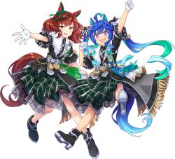 Rule 34 | 2girls, :d, @ @, ahoge, animal ears, aqua hair, arm up, badge, belt, black footwear, black jacket, blue eyes, blue hair, boots, bow, brown eyes, clenched hands, crossed bangs, ear covers, frilled sleeves, frills, full body, fur trim, gloves, green skirt, grey bow, hair bow, hand up, heterochromia, high heel boots, high heels, horse ears, horse girl, horse tail, jacket, lapels, leg up, long hair, looking at viewer, multicolored hair, multiple girls, nice nature (umamusume), official alternate costume, official art, open hand, open mouth, outline, outstretched arm, plaid, plaid skirt, purple eyes, red hair, red outline, sharp teeth, short sleeves, sidelocks, skirt, smile, splendor of onyx (umamusume), streaked hair, striped bow, tail, tassel, teeth, transparent background, twin turbo (umamusume), twintails, two-tone hair, umamusume, upper teeth only, very long hair, white gloves